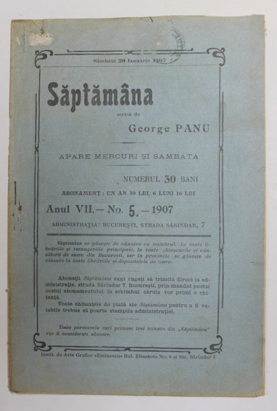 SAPTAMANA  , APARE MERCURI SI SAMBATA , scrisa de  GEORGE PANU , ANUL VII , NR. 5 - 1907