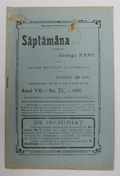 SAPTAMANA  , APARE MERCURI SI SAMBATA , scrisa de  GEORGE PANU , ANUL VII , NR. 71 - 1907