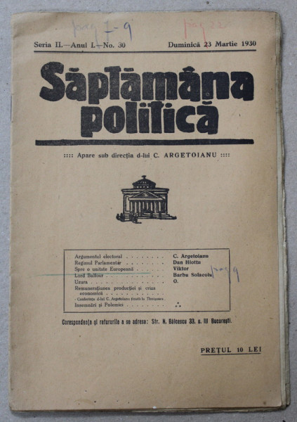 SAPTAMANA POLITICA , SERIA II , ANUL L , NO. 30 , DUMINICA , 23 MARTIE , 1930