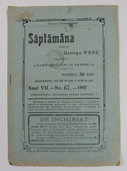 SAPTAMANA , REVISTA , ANUL VII , NR. 67 , 1907