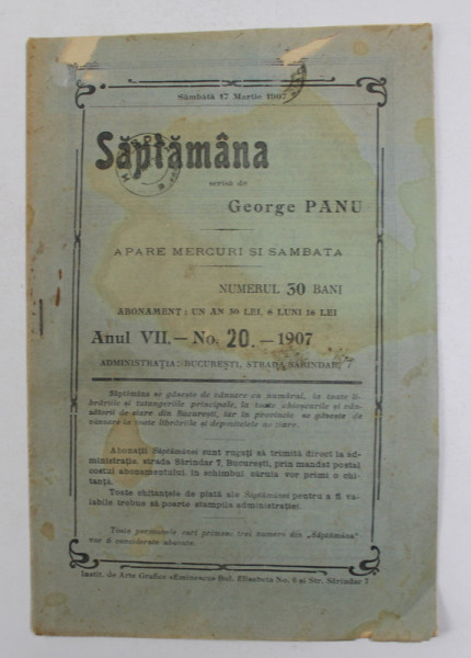 SAPTAMANA , REVISTA , APARE IN FIECARE VINERI, ANUL VII  , NO. 20  -  1907