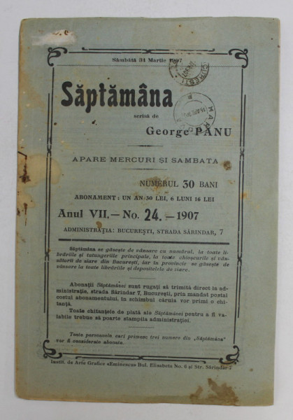 SAPTAMANA , REVISTA , APARE MIERCURI SI SAMBATA , ANUL VII , NO. 24 , 1907