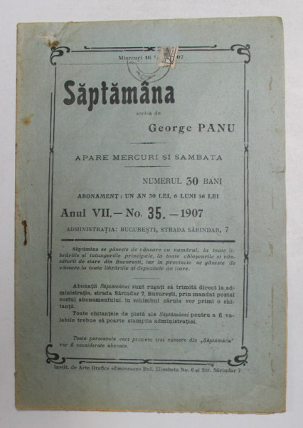 SAPTAMANA , REVISTA , APARE MIERCURI SI SAMBATA , ANUL VII , NO. 35 , 1907