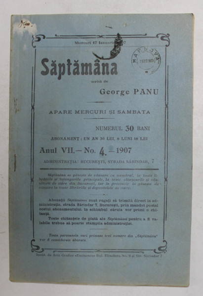 SAPTAMANA , REVISTA , APARE MIERCURI SI SAMBATA , ANUL VII , NO. 4 , 1907