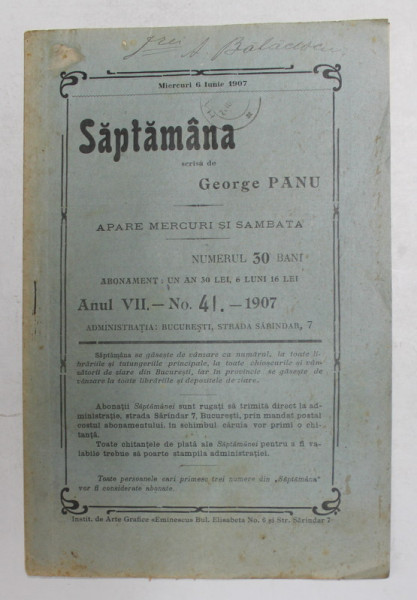 SAPTAMANA , REVISTA , APARE MIERCURI SI SAMBATA , ANUL VII , NO. 41 , 1907
