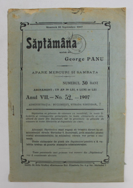 SAPTAMANA , REVISTA , APARE MIERCURI SI SAMBATA , ANUL VII , NO. 52 , 1907