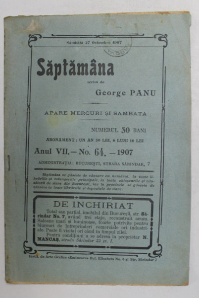 SAPTAMANA , REVISTA , APARE MIERCURI SI SAMBATA , ANUL VII , NO. 64 , 1907