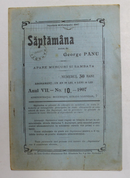 SAPTAMANA , REVISTA , APARE MIERCURI SI SAMBATA , ANUL VII , NO.10 , 1907