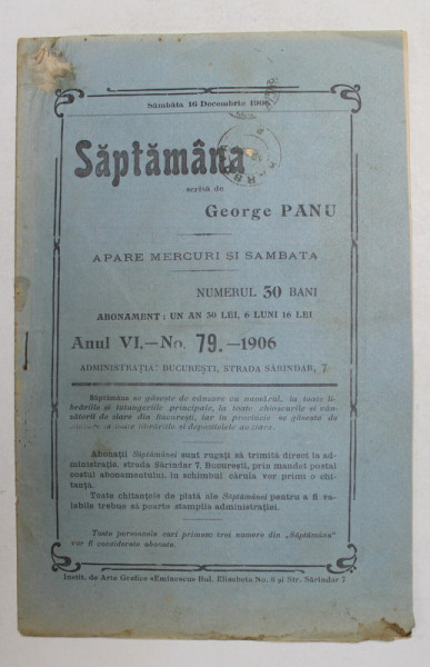 SAPTAMANA , REVISTA , APARE MIERCURI SI SAMBATA , ANUL VII , NO.79 , 1907