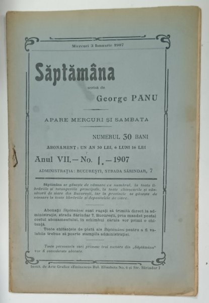 SAPTAMANA , REVISTA SCRISA DE GEORGE PANU , NR. 1 , 1907