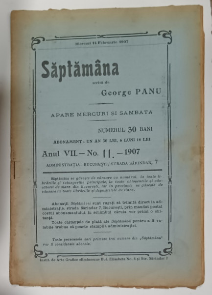 SAPTAMANA , REVISTA SCRISA DE GEORGE PANU , NR. 11 , 1907