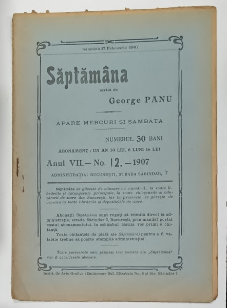 SAPTAMANA , REVISTA SCRISA DE GEORGE PANU , NR. 12 , 1907