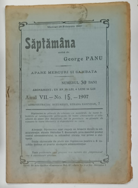 SAPTAMANA , REVISTA SCRISA DE GEORGE PANU , NR. 15 , 1907