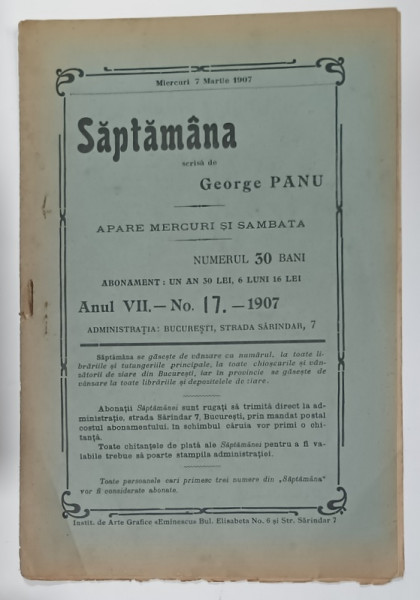 SAPTAMANA , REVISTA SCRISA DE GEORGE PANU , NR. 17 , 1907