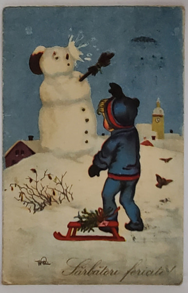 SARBATORI FERICITE ! BAIETEL LANGA OMUL DE ZAPADA , CARTE POSTALA , 1927