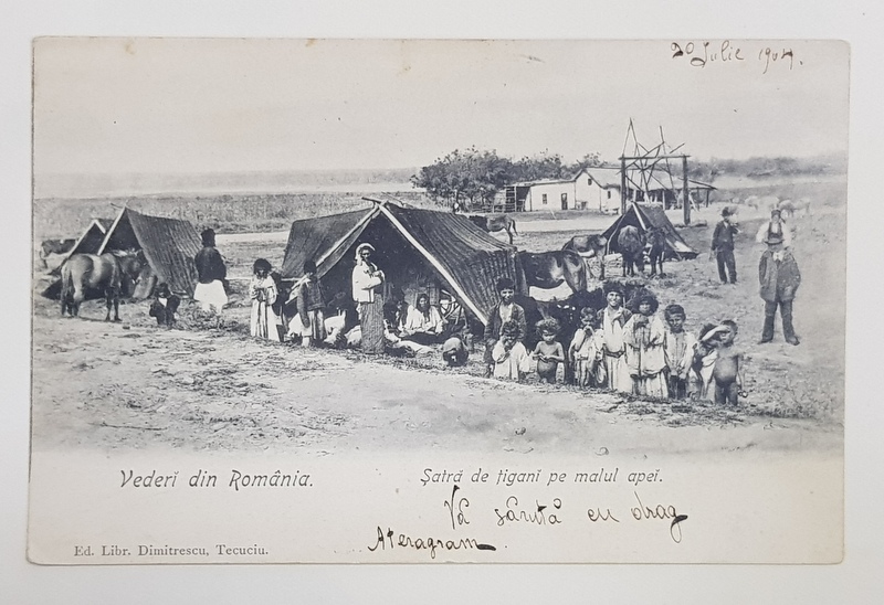 SATRA DE TIGANI PE MALUL APEI , CARTE POSTALA , CLASICA , DATATA 1904