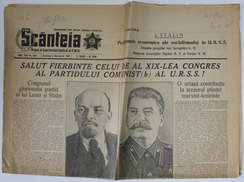 SCANTEIA , ORGAN AL COMITETULUI CENTRAL AL P.M.R. , ANUL XXII , NR. 2471 , DUMINICA , 5 OCTOMBRIE , 1952