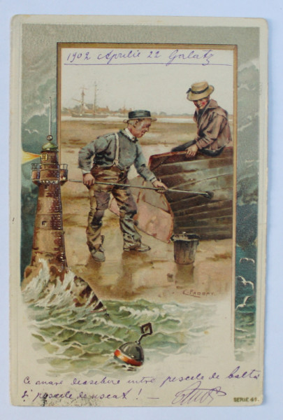 SCENA MARITIMA - DESEN  , CARTE POSTALA ILUSTRATA , CROMOLITOGRAFIE , CIRCULATA , DATATA 1902