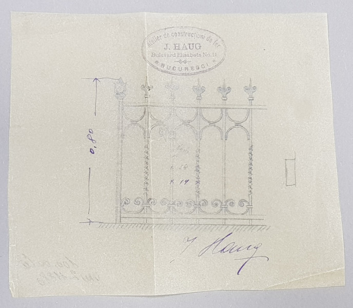 SCHITA UNUI MODUL DE GARD DIN FIER FORJAT , DESENATA PE FOITA DE CALC CU CREIONUL , COTELE SI SEMNATURA CU STILOUL , ATELIER DE CONSTRUCTIUNI DIN FER J. HAUG , BUC. PERIOADA INTERBELICA , INDOITA PE MIJLOC *