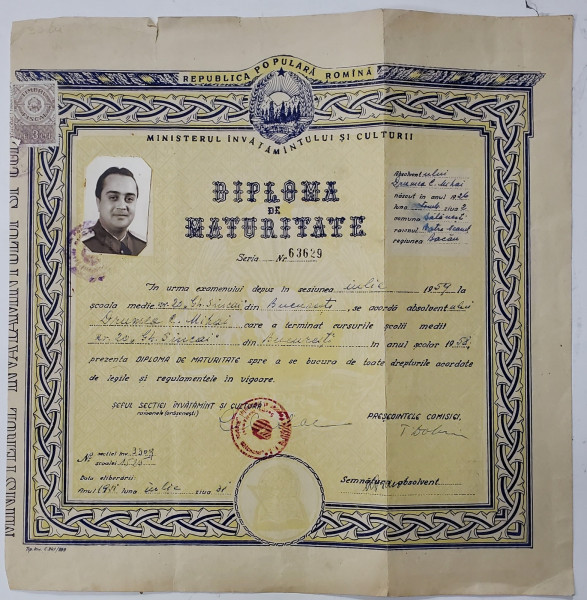 SCOALA MEDIE NR. 20 ' GHEORGHE SINCAI ' , DIPLOMA DE MATURITATE , ELIBERATA IN 1959