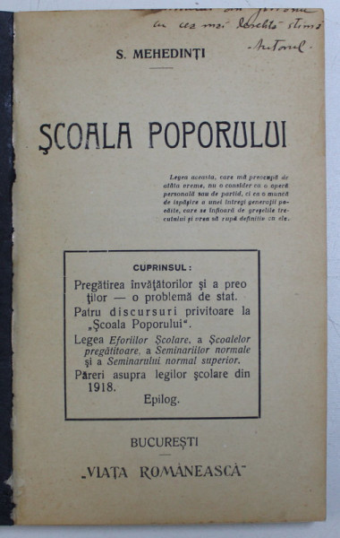 SCOALA POPORULUI de S. MEHEDINTI , 1918 DEDICATIE TAIATA*