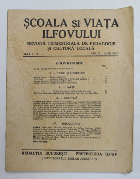 SCOALA SI VIATA ILFOVULUI  - REVISTA TRIMESTRIALA DE PEDAGOGIE SI CULTURA  LOCALA , ANUL V , NR. 3 , APRILIE - IUNE 1940