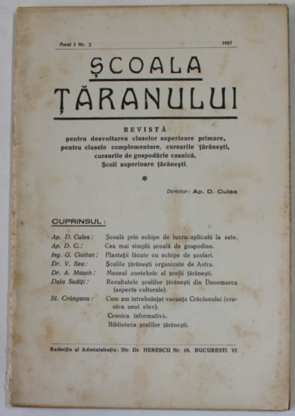 SCOALA TARANULUI , REVISTA PENTRU DEZVOLTAREA CLASELOR SUPERIOARE  PRIMARE ...SCOLI SUPERIOARE TARANESTI , ANUL I , NR. 2 , 1937 , COPERTA CU  PETE SI URME DE UZURA