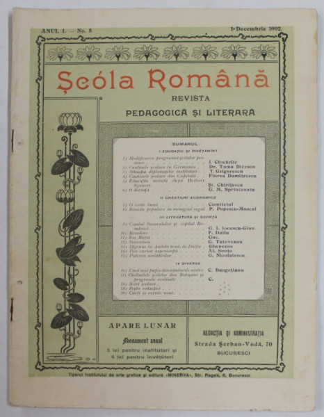 SCOLA ROMANA , REVISTA  PEDAGOGICA SI LITERARA , ANUL I , NR. 7 , 1 NOIEMBRIE , 1902