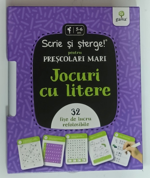 SCRIE SI STERGE , PENTRU PRESCOLARI MARI , JOCURI CU LITERE , 32 DE FISE REFOLOSIBILE , 2021