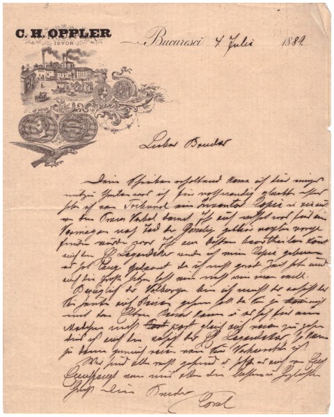 Scrisoare a fabricantului de bere C. H. Oppler, Bucuresti 1889