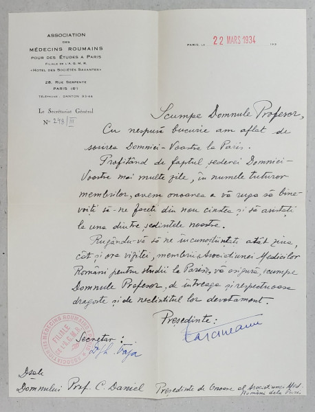 SCRISOARE ADRESATA DOCTORULUI C. DANIEL , MEMBRU AL ACADEMIEI DE MEDICINA DIN PARIS , 1934