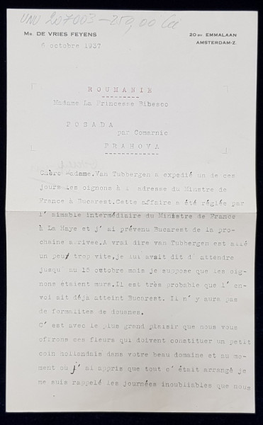 SCRISOARE ADRESATA PRINTESEI BIBESCU , EXPEDIATA SI SEMNATA OLOGRAF de  M . DE VRIES FEYENS , AMSTERDAM ,  DATATA 6 OCTOMBRIE 1937