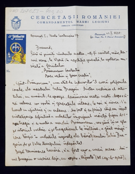 SCRISOARE ADRESATA PRINTESEI MARTHA BIBESCU , EXPEDIATA DE PROFESORUL CONSTANTIN NEDELCU DE LA  ' CERCETASII ROMANIEI  '  DATATA  22 X 1935