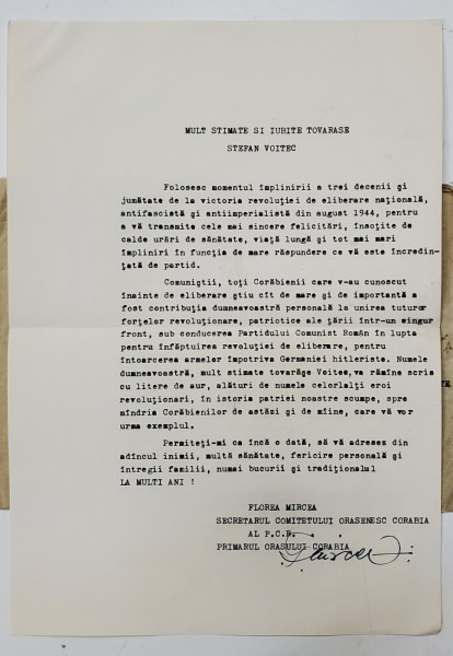 SCRISOARE DE FELICITARE DESTINATA LUI STEFAN VOITEC , VICEPRESEDINTE AL CONSILIULUI DE STAT AL R.S.R. , 1979