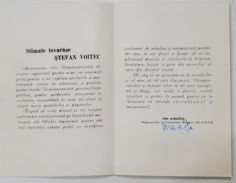 SCRISOARE DE FELICITARE DESTINATA LUI STEFAN VOITEC , VICEPRESEDINTE AL CONSILIULUI DE STAT AL R.S.R. , ANII ' 70