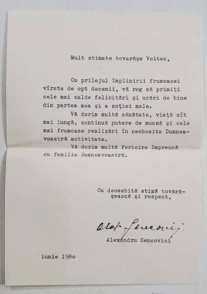 SCRISOARE DE FELICITARE PENTRU ZIUA DE NASTERE ,  DESTINATA LUI STEFAN VOITEC , VICEPRESEDINTE AL CONSILIULUI DE STAT AL R.S.R. , IUNIE , 1980