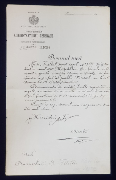 SCRISOARE DE NUMIRE IN POSTUL DE PREFECT AL JUDETULUI MUSCEL , ADRESATA DE MINISTRUL DE INTERNE  DOMNULUI D. FILITTI , DATATA 1895