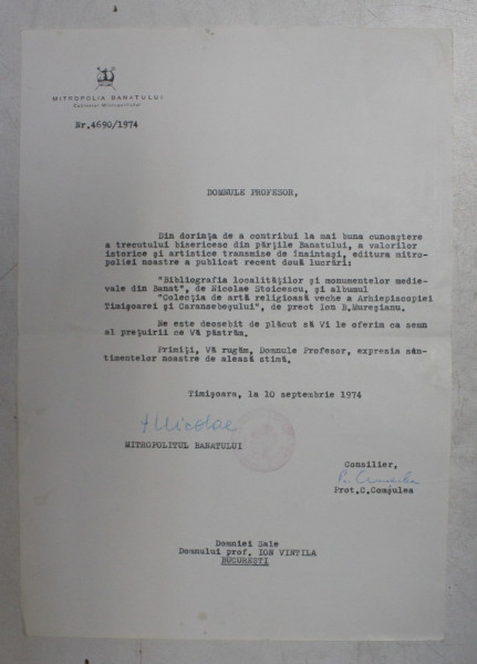 SCRISOARE EMISA DE MITROPOLIA BANATULUI SI SEMNATA OLOGRAF  DE NICOLAE , MITROPOLITUL BANATULUI , 1974