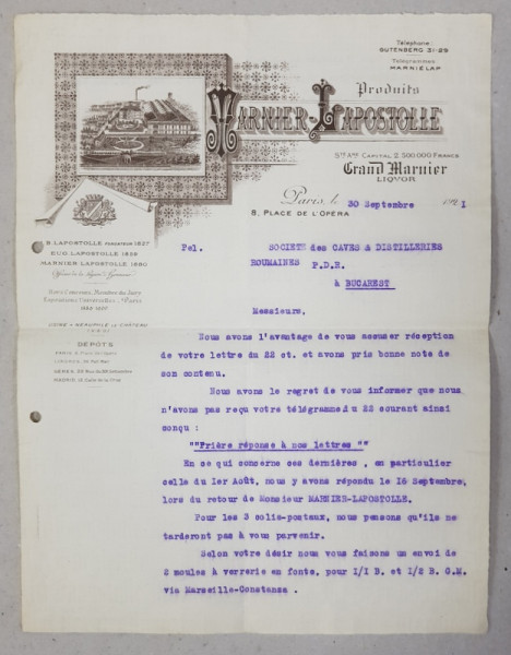 SCRISOARE EXPEDIATA DE FIRMA MARNIER  - LAPOSTOLLE CATRE SOCIETATEA ROMANA DE PIVNITE SI DISTILERII , DATATA 30 SEPT .  1921