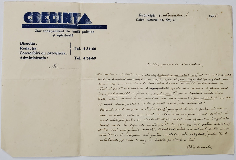 SCRISOARE EXPEDIATA DE ROMANCIERUL PETRU MANOLIU REGIZORULUI SICA ALEXANDRESCU , CU ANTETUL ZIARULUI '' CREDINTA '' , BUCURESTI , 1935