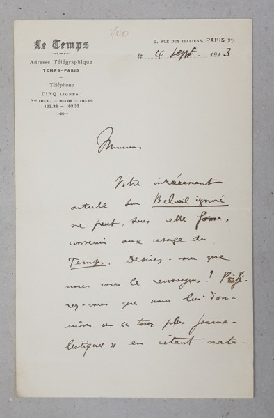 SCRISOARE EXPEDIATA DE UN REDACTOR AL ZIARULUI FRANCEZ ' LE TEMPS ' , SCRISA SI SEMNATA OLOGRAF L . AUBIN , DATATA 4 SEPTEMBRIE 1913