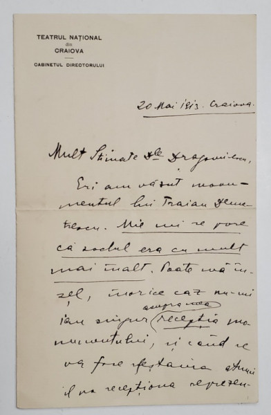 SCRISOARE EXPEDIATA SI SEMNATA OLOGRAF  de EMIL GARLEANU , CRAIOVA , 20 MAI 1913