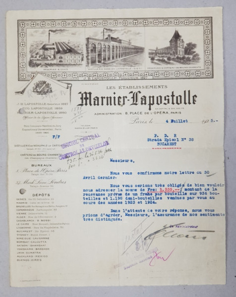 SCRISOARE ( FACTURA )  EXPEDIATA DE FIRMA MARNIER  - LAPOSTOLLE CATRE SOCIETATEA ROMANA DE PIVNITE  SI DISTILERII , DATATA 4 IULIE 1925