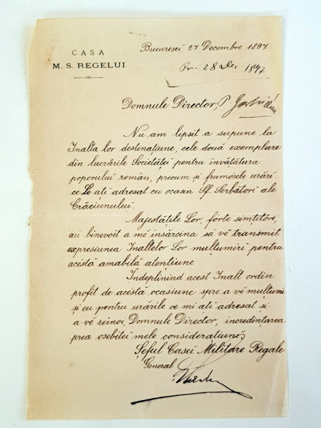 Scrisoare trimisa de Seful Casei Militare Regale catre Petre Garboviceanu, presed. Soc. &quot;Transilvania&quot;.
