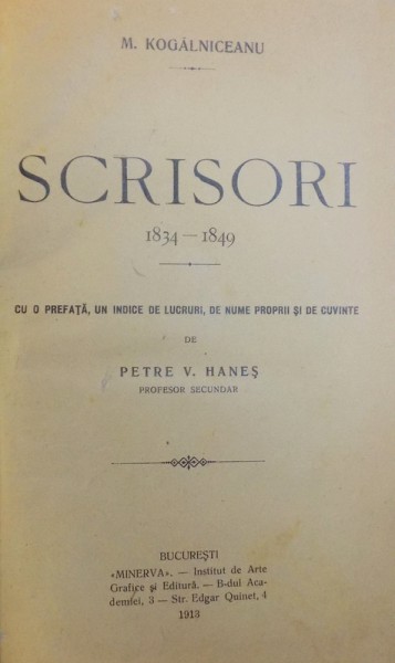 SCRISORI 1834-1849 de M. KOGALNICEANU  1913