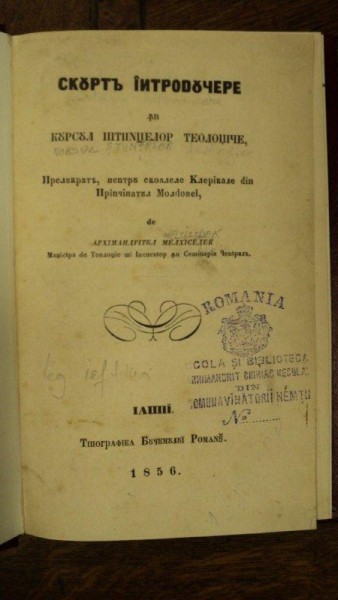 Scurta Introducere in Cursul Stiintelor Teologice, Melchisedec, Iasi 1856