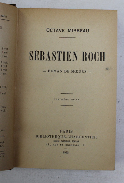 SEBASTIEN ROCH - roman de moeurs par OCTAVE MIRBEAU , 1922