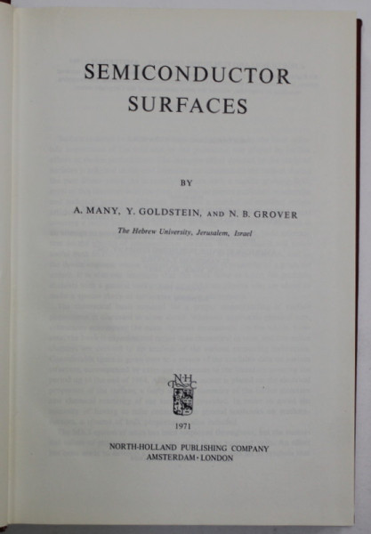 SEMICONDUCTOR SURFACES by A. MANY ...N.B. GROVER , 1971
