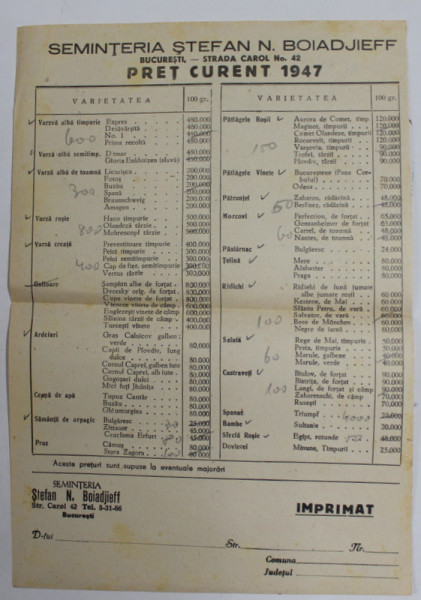 SEMINTERIA STEFAN N. BOIADJIEFF , BUCURESTI , LISTA PRETURILOR CURENTE PE ANUL 1947