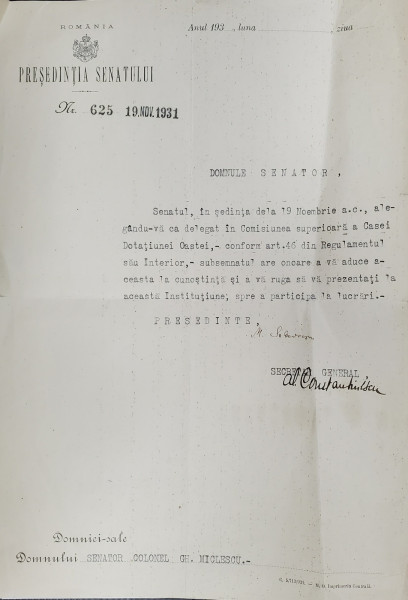 SEMNATURA OLOGRAFA A LUI MIHAIL SADOVEANU, PRESEDINTE AL SENATULUI  , PE O SCRISOARE OFICIALA , 19 NOV. 1931